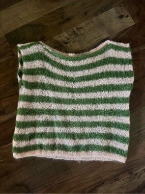 Vintage Hand Knit Vest Boxy Beige Green Striped Mohair Sleeveless Sweater Frunky